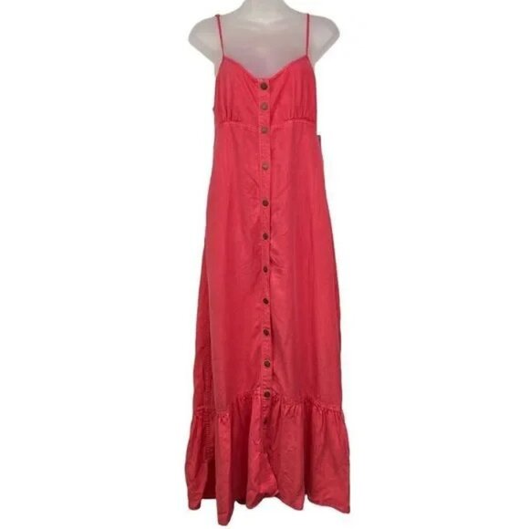 NWT FREE PEOPLE RED PINK BUTTON DOWN OPEN BACK CHAMBRAY MAXI DRESS SMALL - Picture 4 of 13